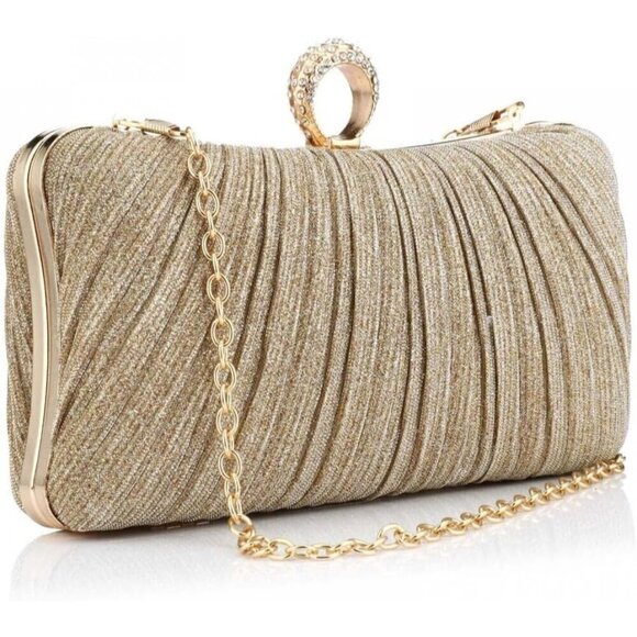 Women Gold Pleated Clutch  Lady  Handbag - Picture 1 of 9